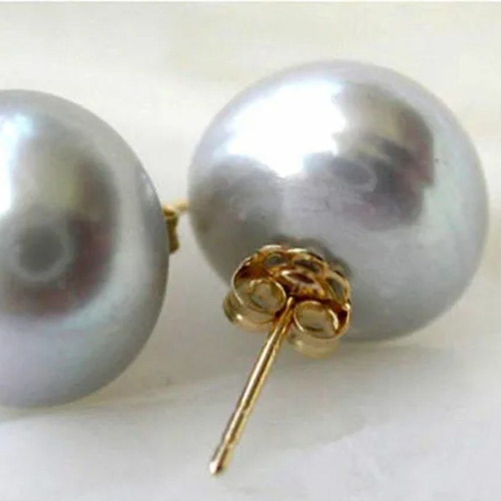 HUGE! 13 mm (.5 INCH) Akoya Cultured Pearl 14K Gold GP Stud Earrings AAA (Grey)